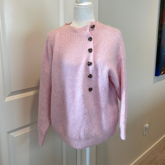 La Maille frnch Paris Cable Knit Asymmetrical Sweater  Pink knit button … - Picture 2 of 10